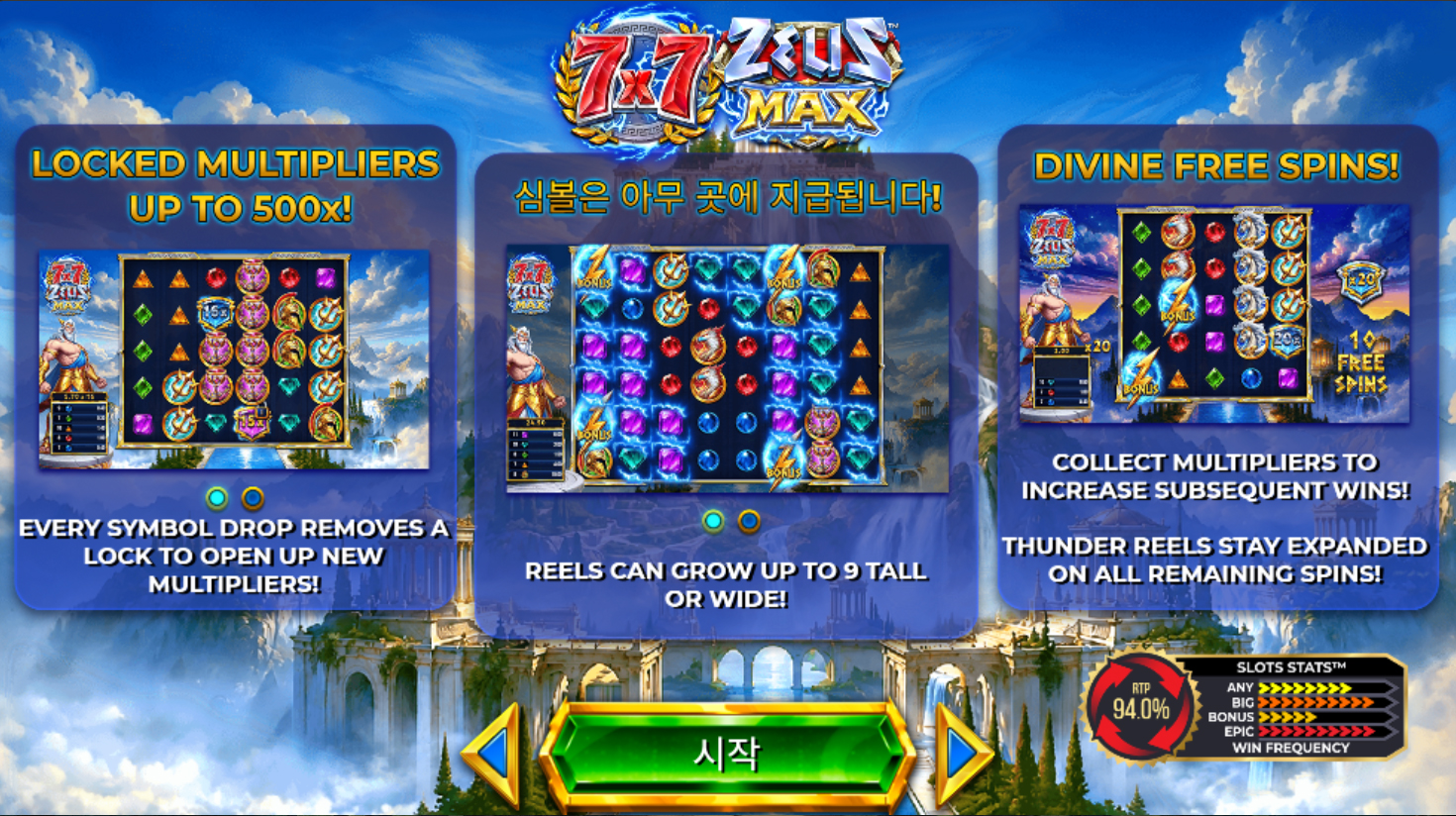 7x7 Zeus Max entry screen with a Korean sentence in the center and a Korean Start button, but English feature panels on both sides and an English statistics panel at lower right