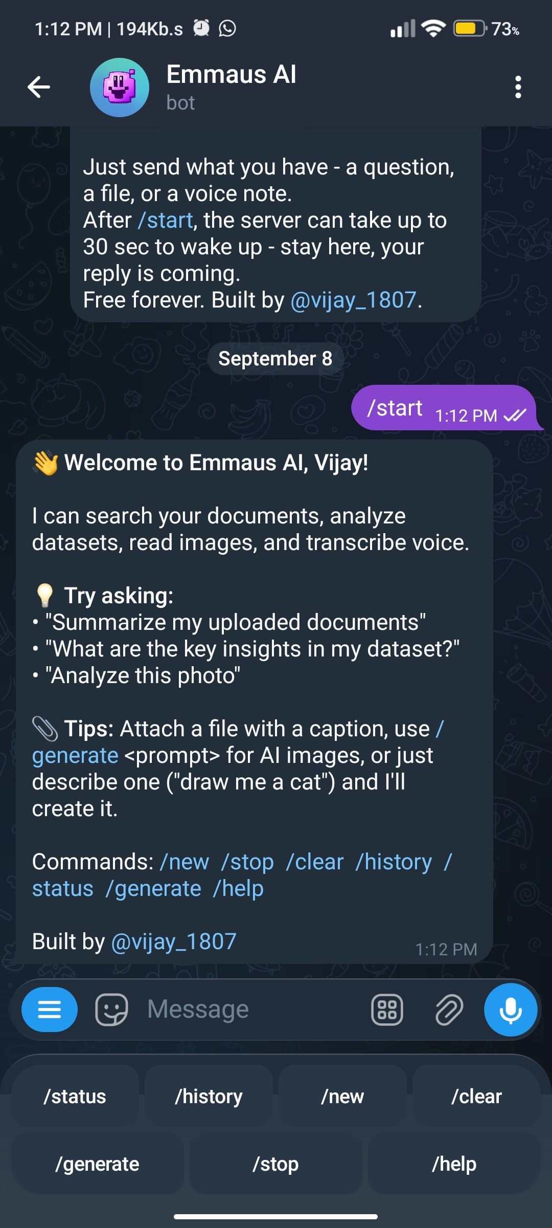 Emmaus AI Telegram Bot Mobile Commands
