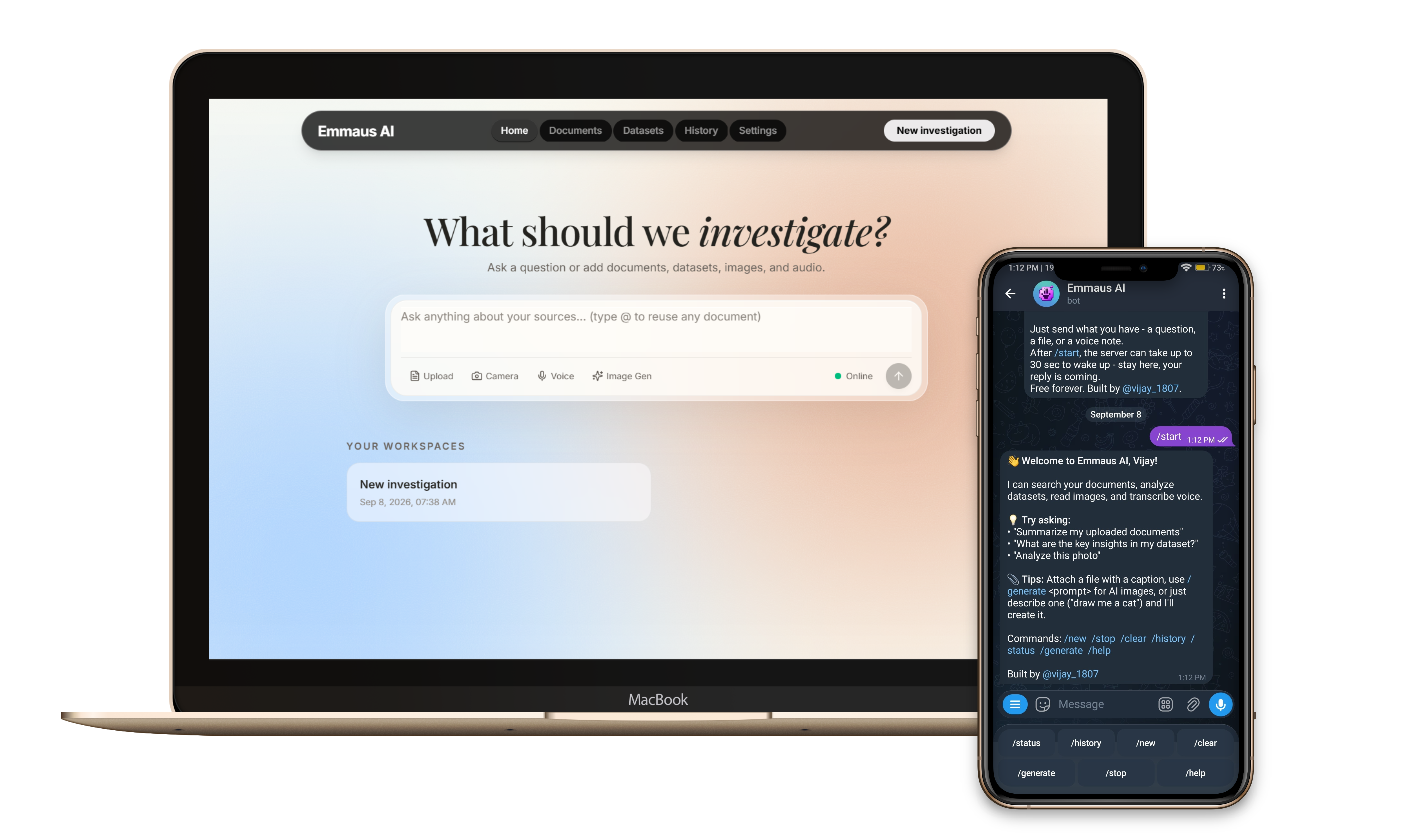 Emmaus AI workspace on laptop and Telegram bot on mobile