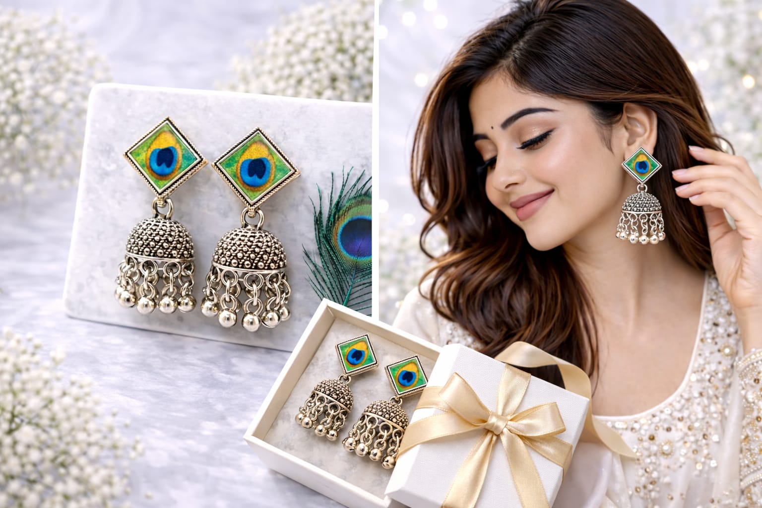 Oxidised Silver Plated Peacock Feather Jhumka Earrings for Women | Traditional Ethnic Dome Dangler Earrings, thumbnail 3