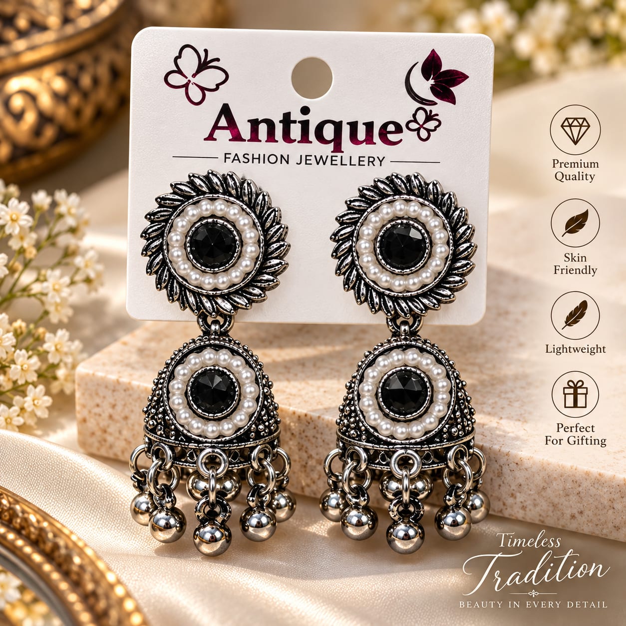 Shringarika Oxidised Silver Black Stone Pearl Jhumka Earrings, shop online in India