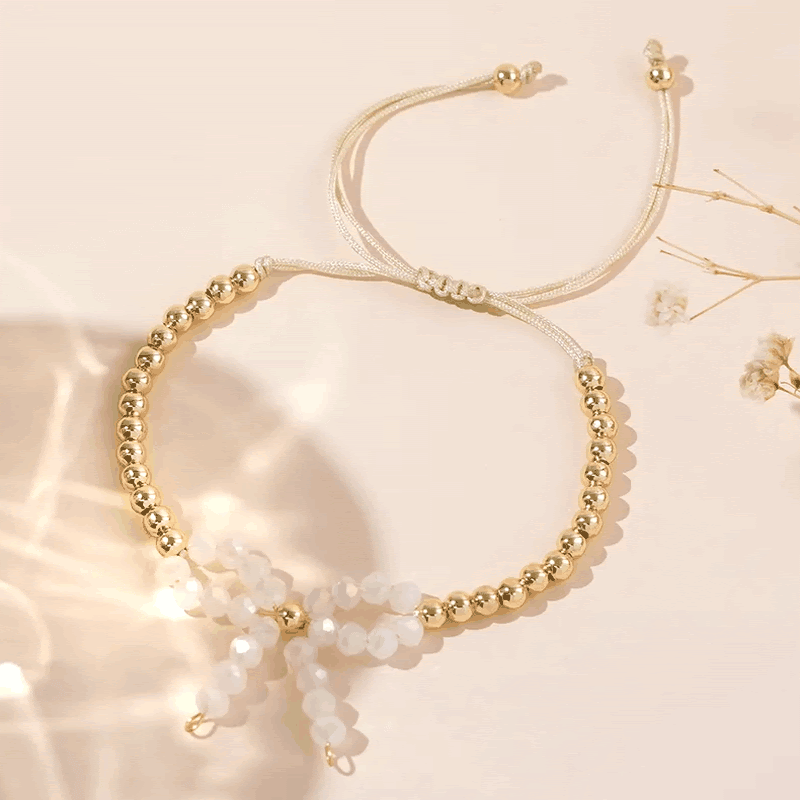 Adjustable Gold Beaded Crystal Bow Bracelet for Women & Girls | Elegant Hand Bracelet, shop online in India