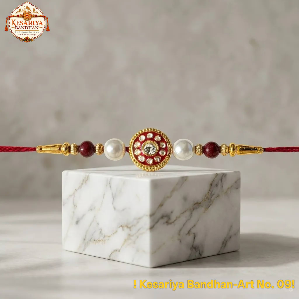 Premium Red Kundan Pearl Rakhi for Brother | Royal Designer Rakhi, thumbnail 3