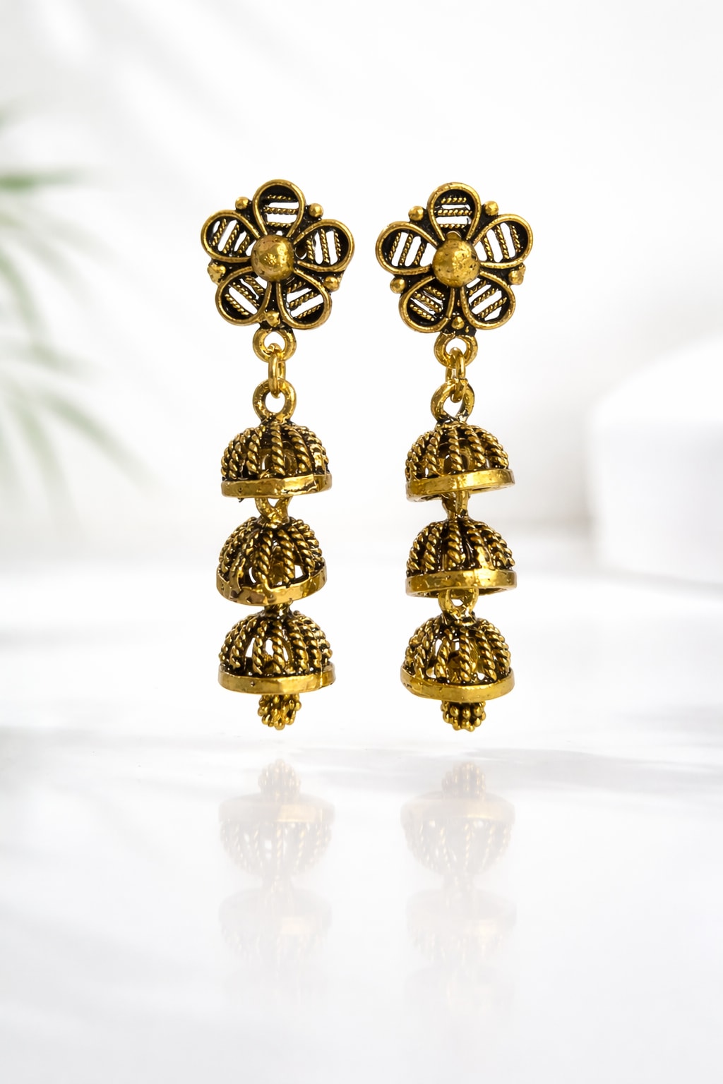 Traditional Oxidized Gold Triple Jhumki Drop Earrings for Women & Girls , shop online in India