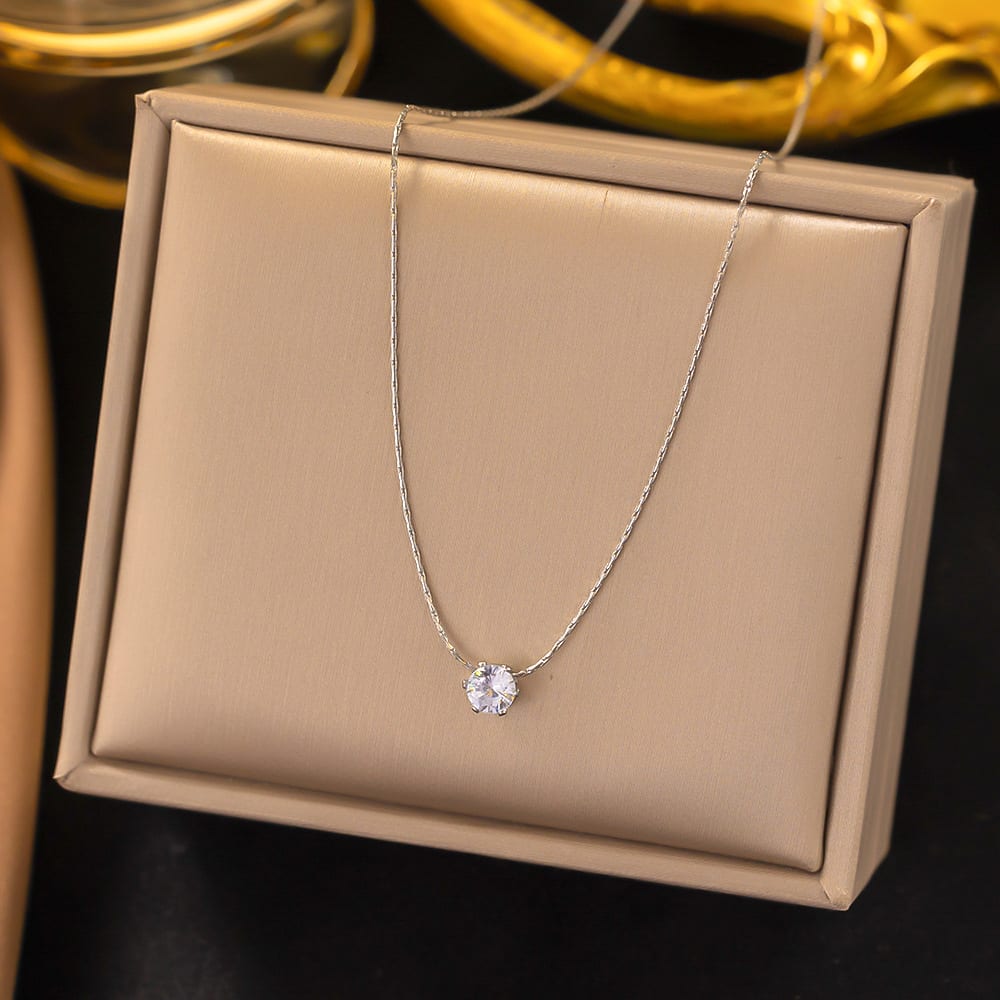 Gold Plated Solitaire Crystal Pendant Necklace for Women & Girls | Minimalist Korean Style Fashion Chain | Pack of 1, thumbnail 2