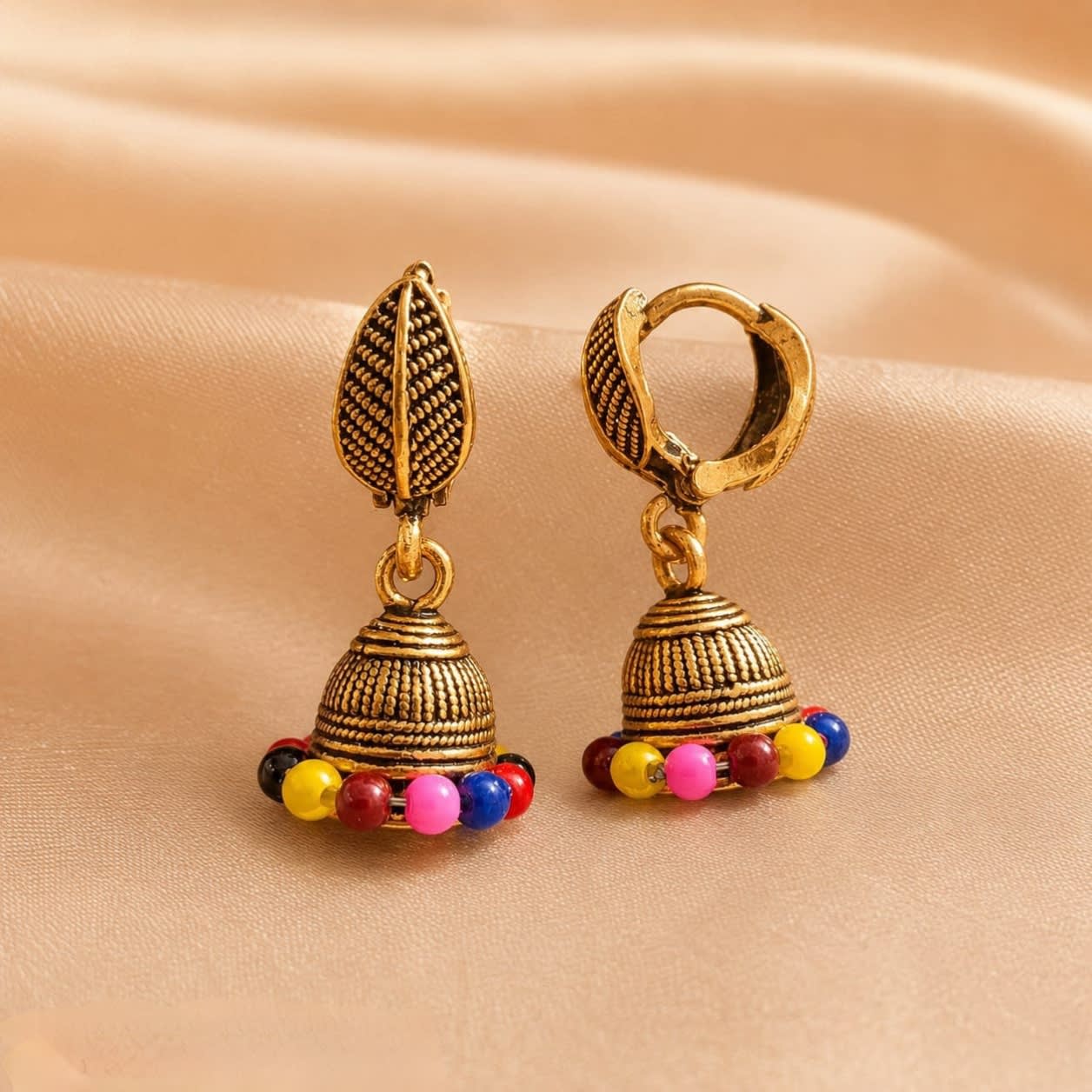 Antique Gold Leaf Jhumka with Colourful Beads | Shringarika, thumbnail 2