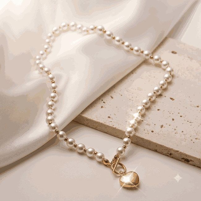 Elegant Pearl Beaded Heart Pendant Necklace for Women & Girls | Gold-Tone Chain | Fashion Jewelry, shop online in India