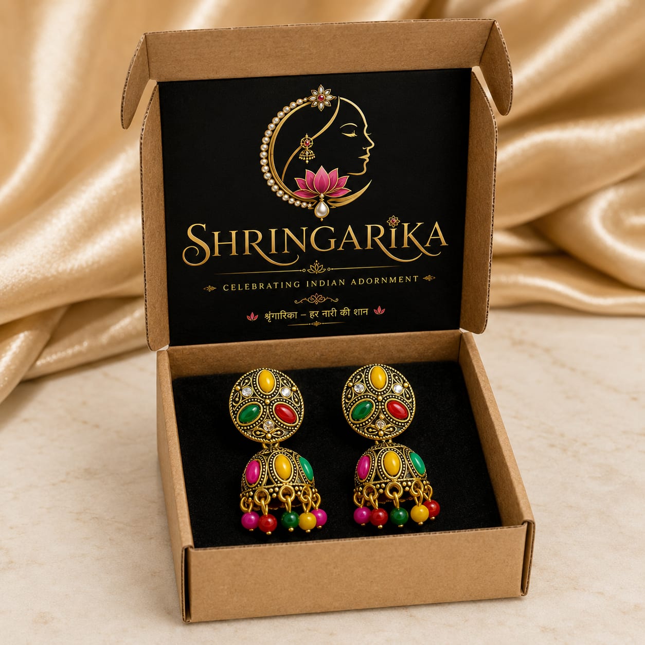 Shringarika Antique Gold-Tone Navratna Multicolour Stone Jhumka Earrings for Women, thumbnail 3