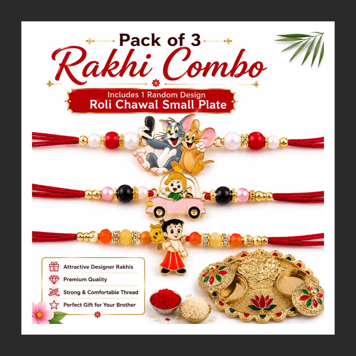 Kesariya Bandhan Kids Cartoon Rakhi Combo Pack of 3 with Free Random Design Roli Chawal Plate | Tom & Jerry, Cartoon Car & Chhota Bheem Designer Rakhi Set — wholesale price India