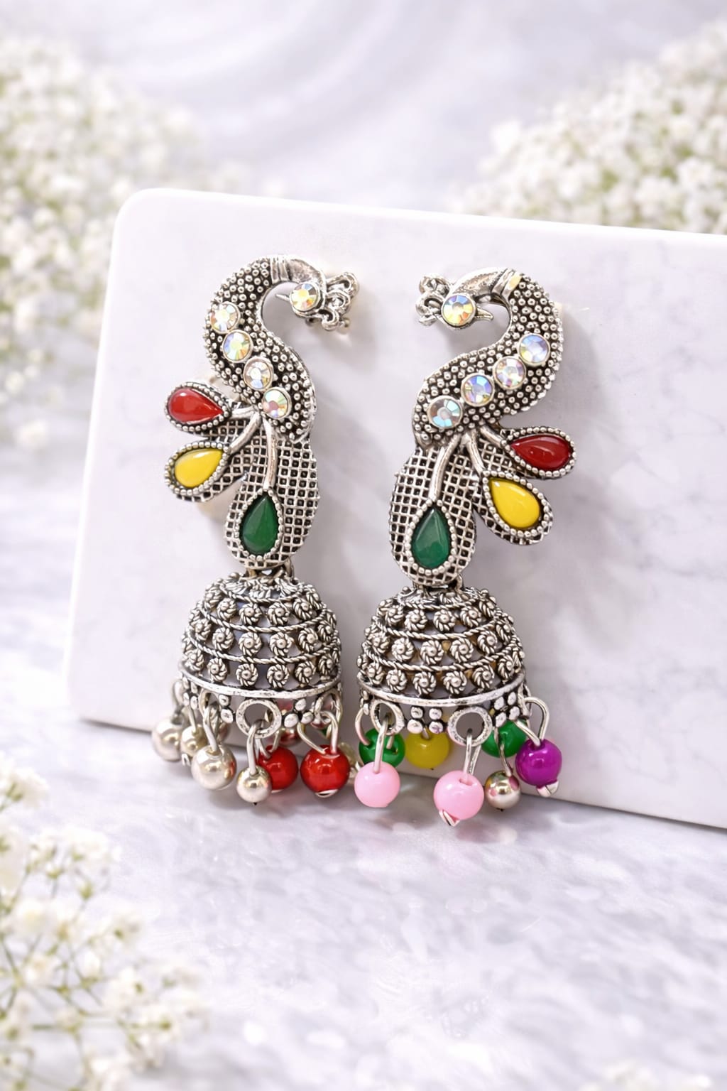 Oxidised Silver Plated Peacock Jhumka Earrings for Women | Multicolor Beaded Ethnic Dangler Earrings, shop online in India