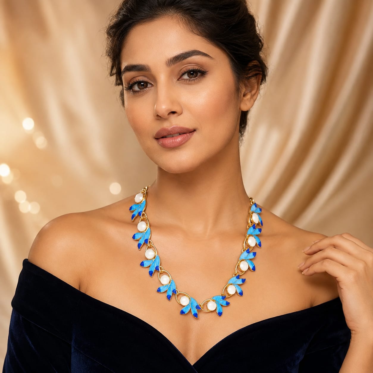 Blue Leaf Pearl Necklace Set for Women | Shringarika, thumbnail 2