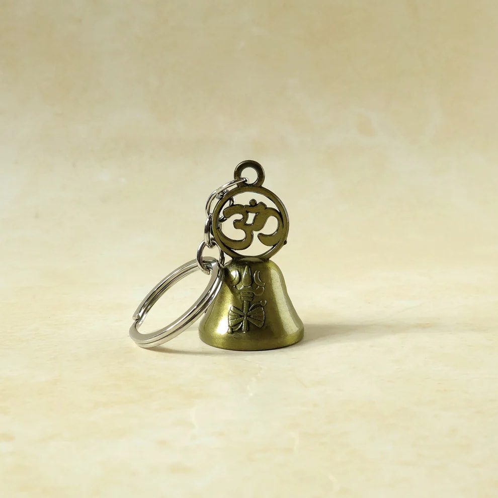 Vintage Brass Finish Bell Keychain with Om Symbol | Metal Lucky Key Ring for Car, Bike, Home & Office Keys | Decorative Religious Key Holder, thumbnail 4