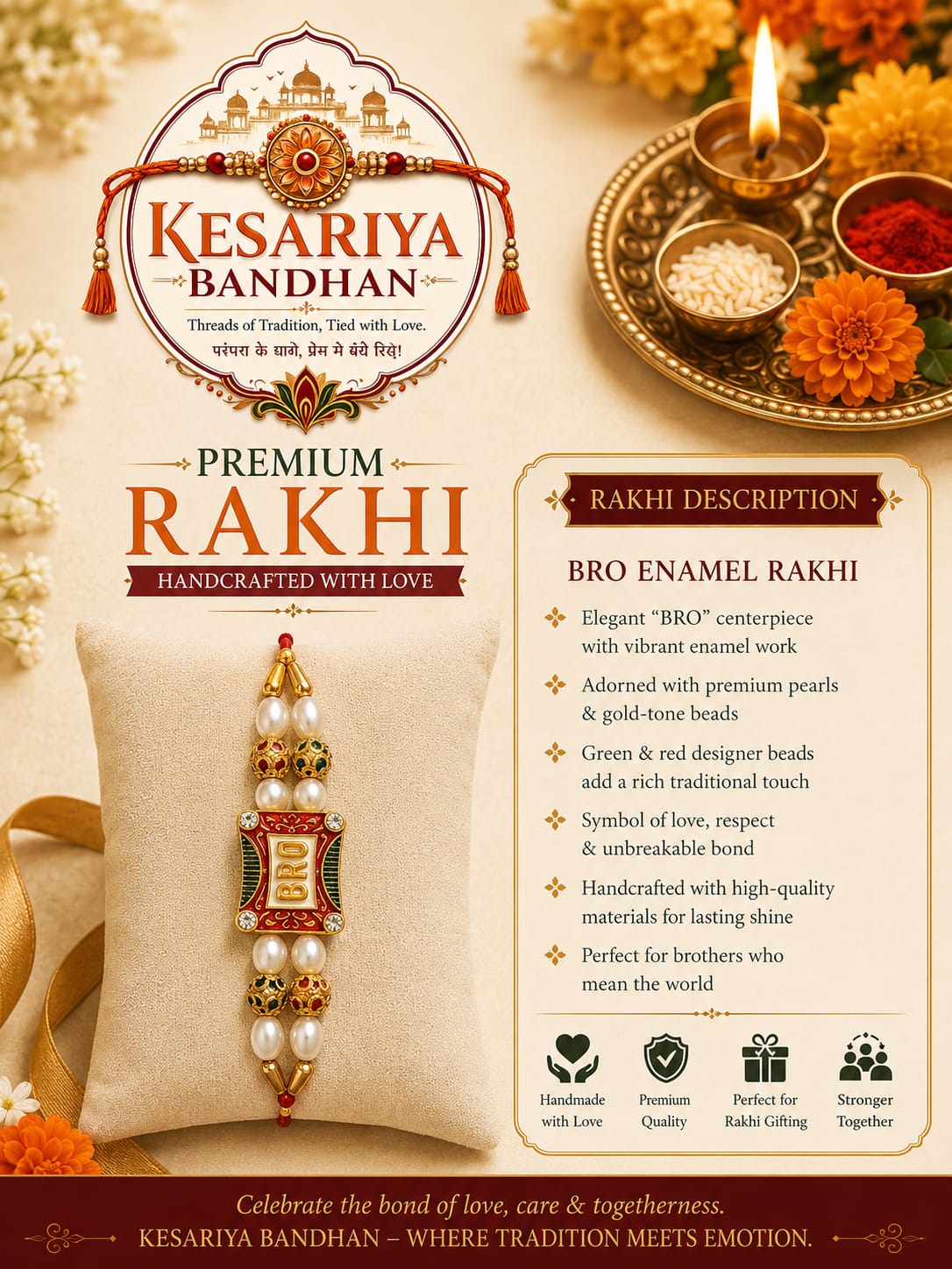 Kesariya Bandhan Premium BRO Enamel Rakhi | Pearl & Designer Beads Rakhi | Handcrafted Raksha Bandhan Rakhi for Brother — wholesale price India