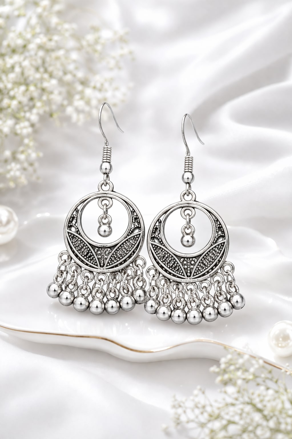 Silver Oxidised Circular Chandbali Earrings with Dangling Beads for Women & Girls, shop online in India