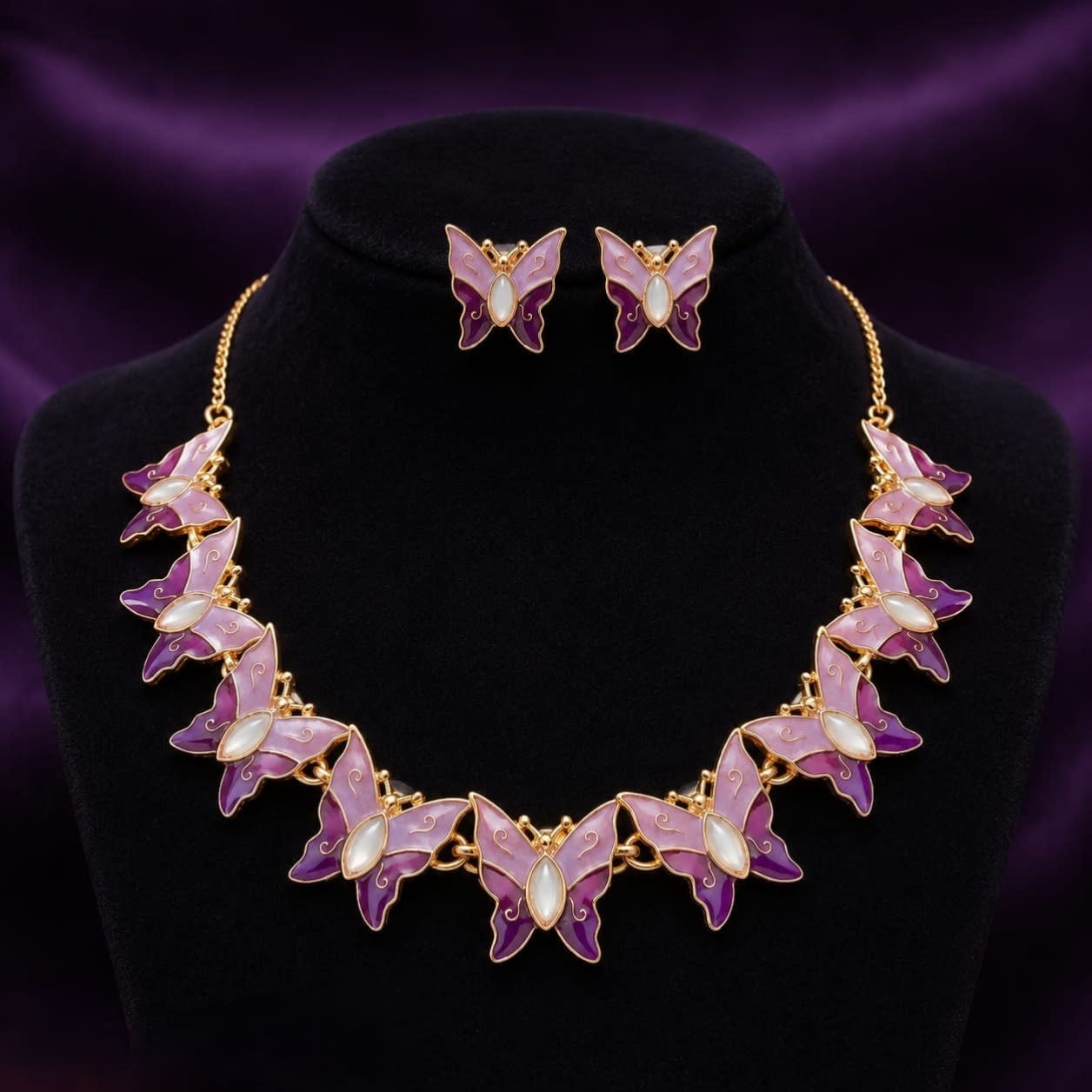 Shringarika Purple Butterfly Pearl-Style Necklace Set for Women, thumbnail 2