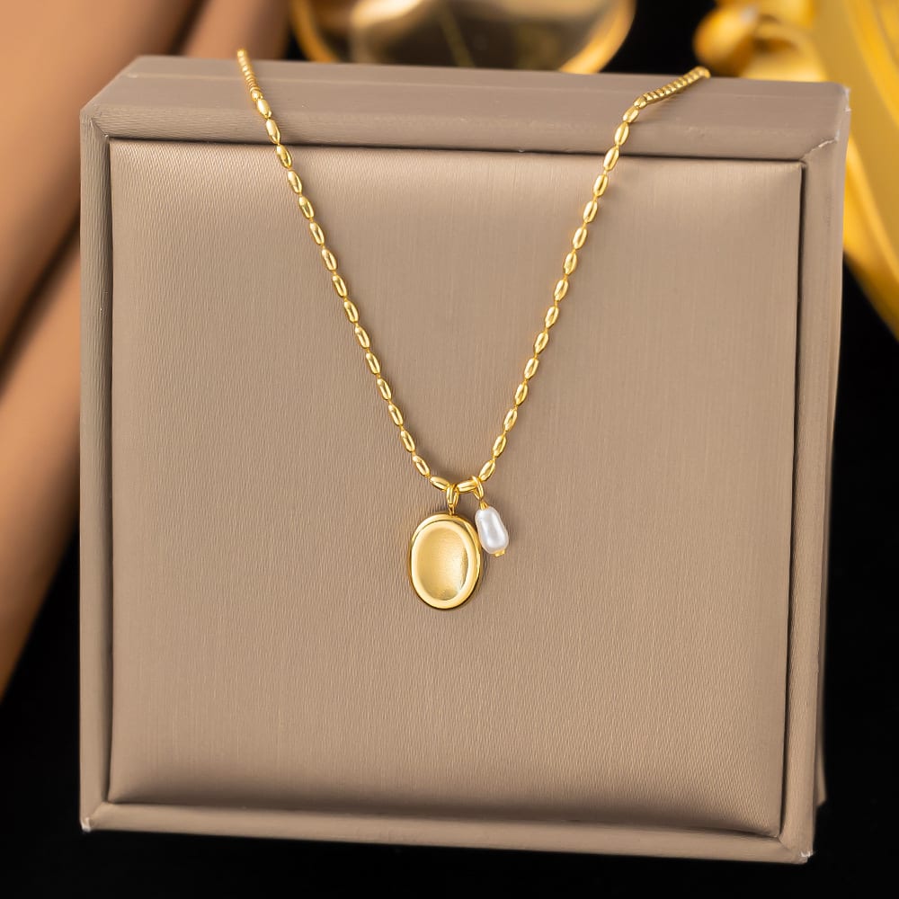 Gold Plated Oval Disc & Pearl Pendant Necklace for Women & Girls | Minimalist Korean Style Fashion Chain | Pack of 1 — wholesale price India