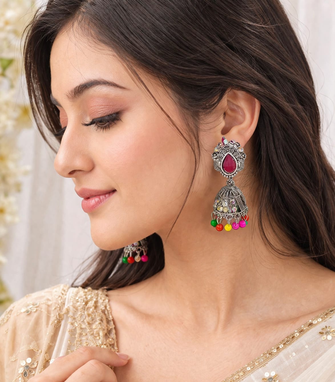Oxidised Silver Plated Multicolor Beaded Jhumka Earrings for Women | Traditional Ethnic Dangler Earrings with Ruby Red Stone, thumbnail 2