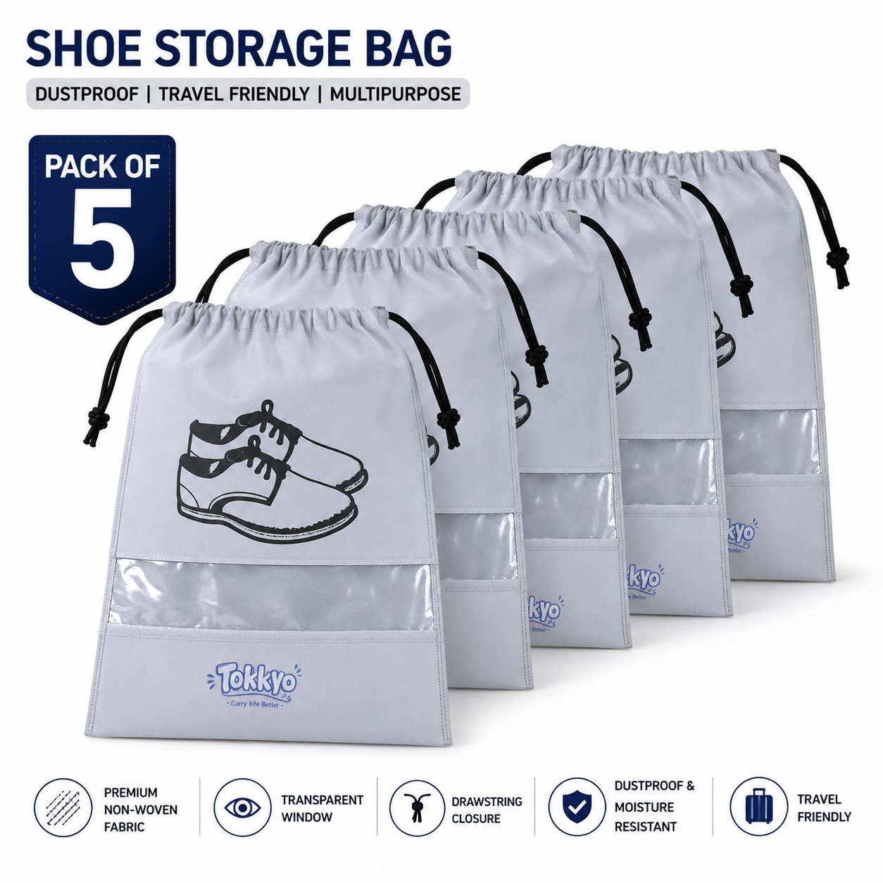 Pack of 5 Non-Woven Shoe Storage Bags with Transparent Window | Drawstring Travel Shoe Organizer | Dustproof Multipurpose Shoe Pouches — wholesale price India