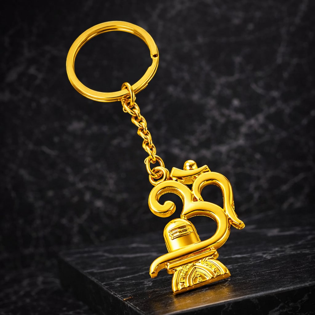 Gold Plated Om Shiv Ling Keychain | Religious Metal Key Ring for Car, Bike, Home & Office Keys | Lucky Spiritual Key Holder Gift — wholesale price India