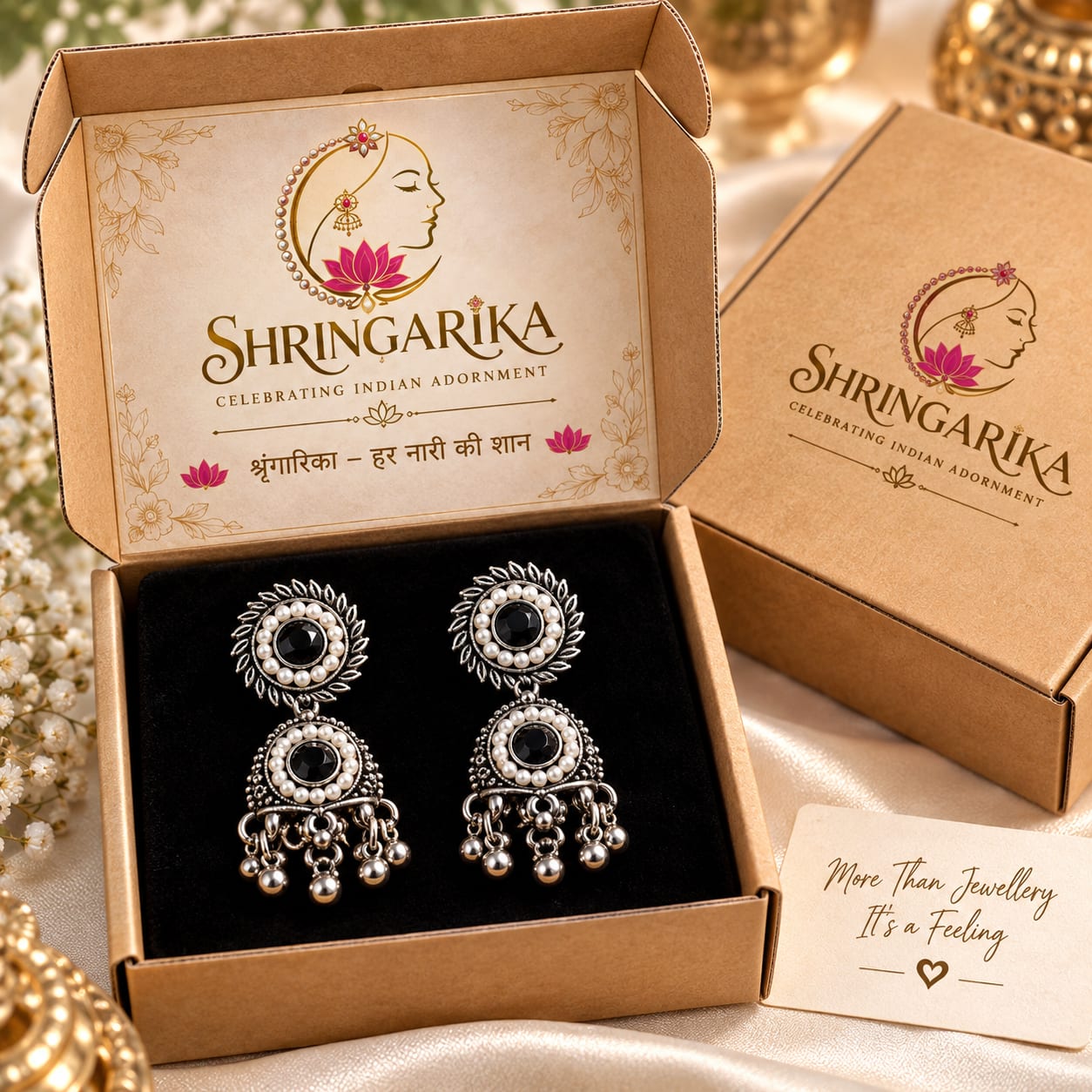 Shringarika Oxidised Silver Black Stone Pearl Jhumka Earrings, thumbnail 3