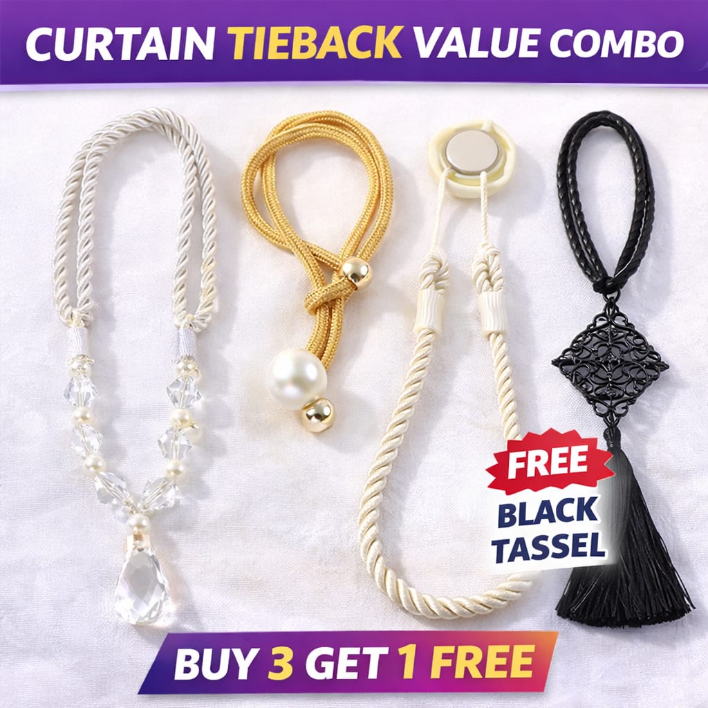 Decorative Curtain Tieback Combo Set of 3 with 1 Free Black Tassel | Magnetic & Rope Curtain Holdbacks | Curtain Rope Holder for Living Room, Bedroom & Office — wholesale price India
