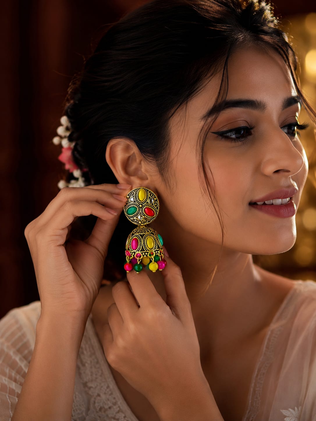 Shringarika Antique Gold-Tone Navratna Multicolour Stone Jhumka Earrings for Women, thumbnail 2