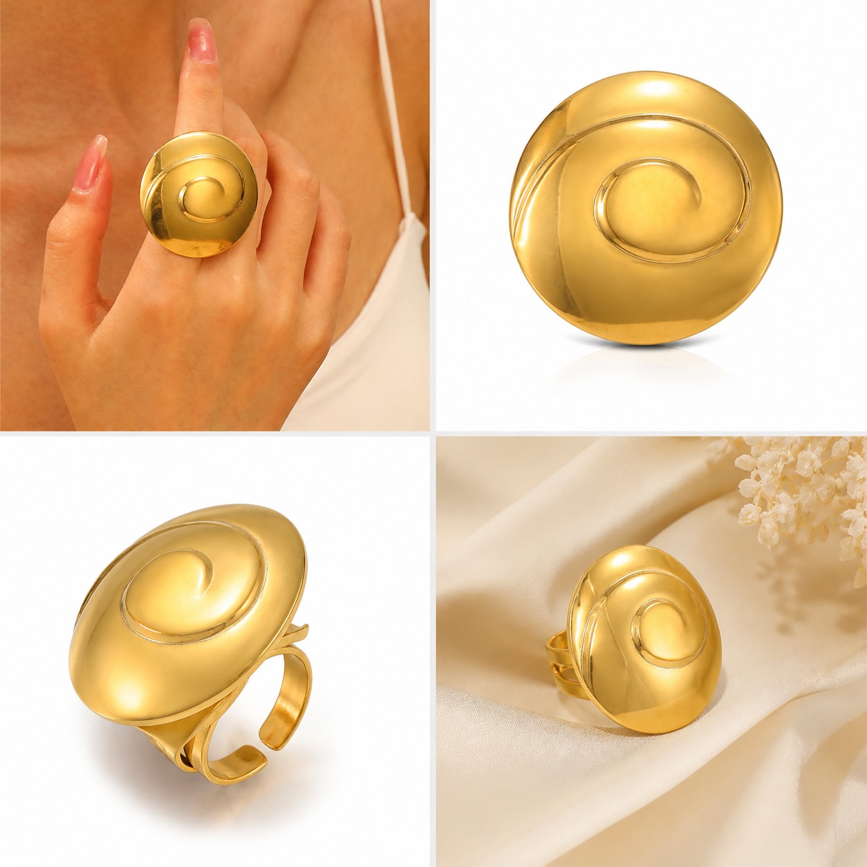 Vintage Gold-Tone Spiral Statement Ring for Women & Girls | Adjustable Fashion Finger Ring, thumbnail 2