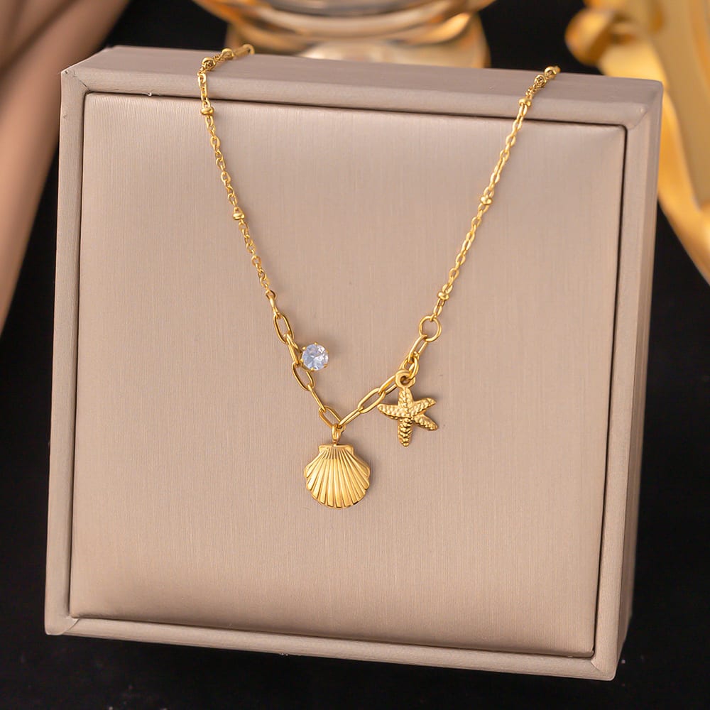 Gold Plated Sea Shell & Starfish Charm Necklace for Women & Girls | Crystal Accent Beach Style Fashion Necklace | Pack of 1 — wholesale price India