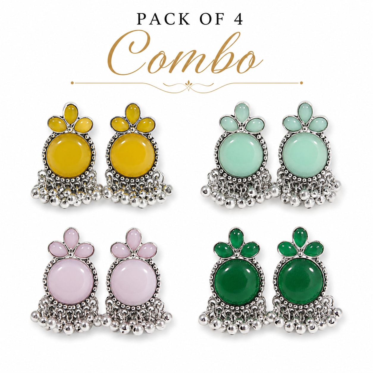 Pack of 4 Oxidised Jhumka Earrings Combo for Women & Girls | Multicolor Traditional Drop Earrings Set, thumbnail 3