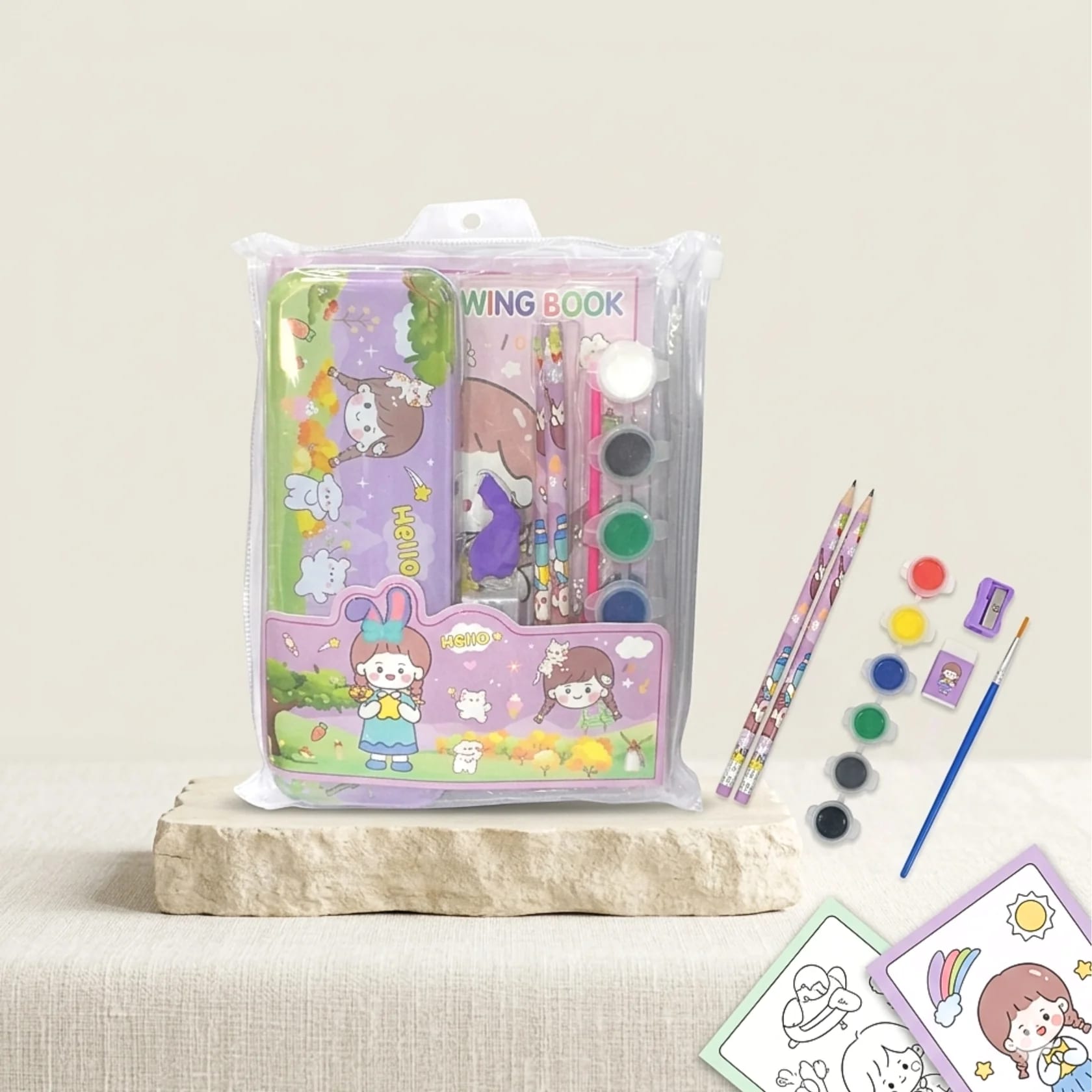 Kids Cartoon Stationery Gift Set with Pencil Box, Notebook, Pencil, Eraser & Watercolor Paint Kit | School Supplies Combo | Pack of 1, thumbnail 2