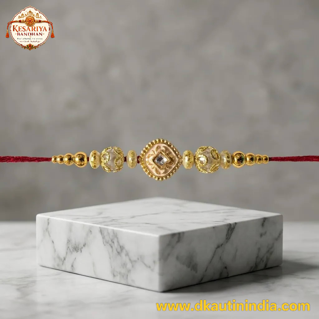 Golden Stone Beaded Rakhi for Brother | Kesariya Bandhan, thumbnail 3