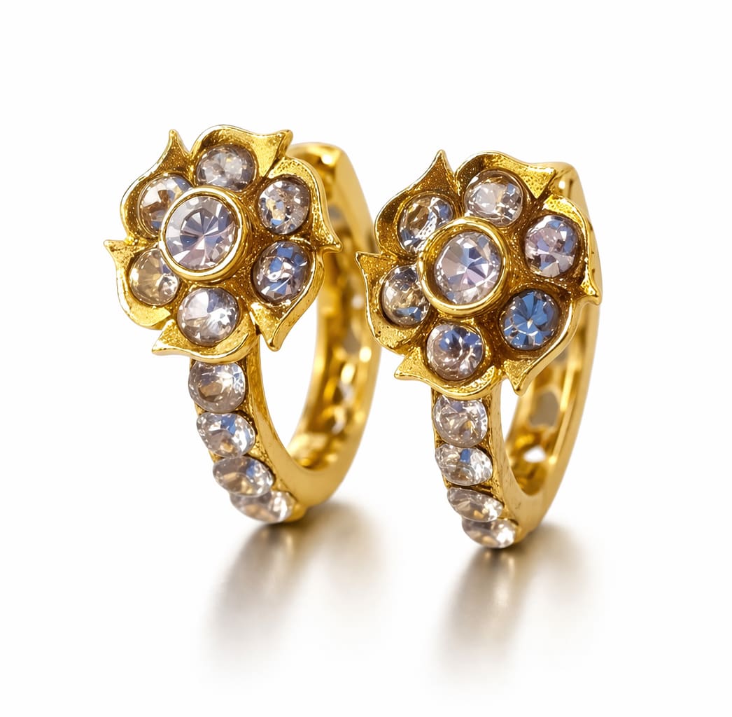 Gold Plated Crystal Floral Hoop Earrings for Women | Elegant Flower Huggie Earrings | Party Wear Jewellery, shop online in India