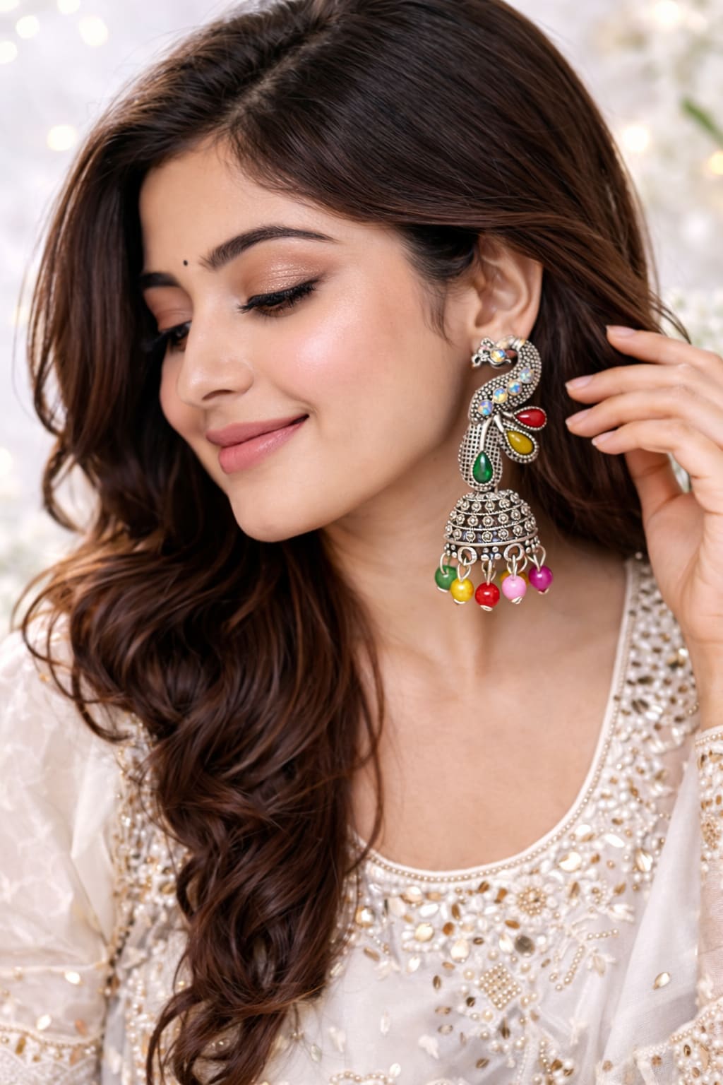 Oxidised Silver Plated Peacock Jhumka Earrings for Women | Multicolor Beaded Ethnic Dangler Earrings, thumbnail 3