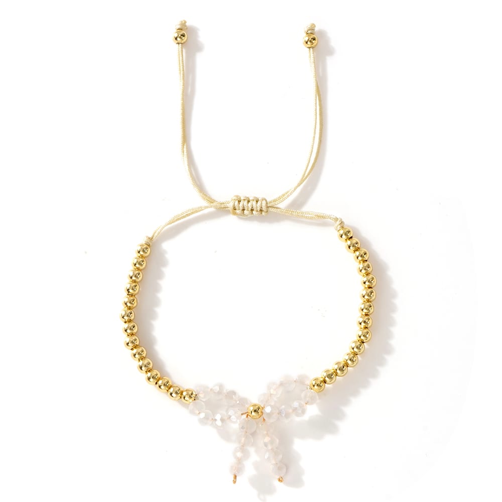 Adjustable Gold Beaded Crystal Bow Bracelet for Women & Girls | Elegant Hand Bracelet, thumbnail 2