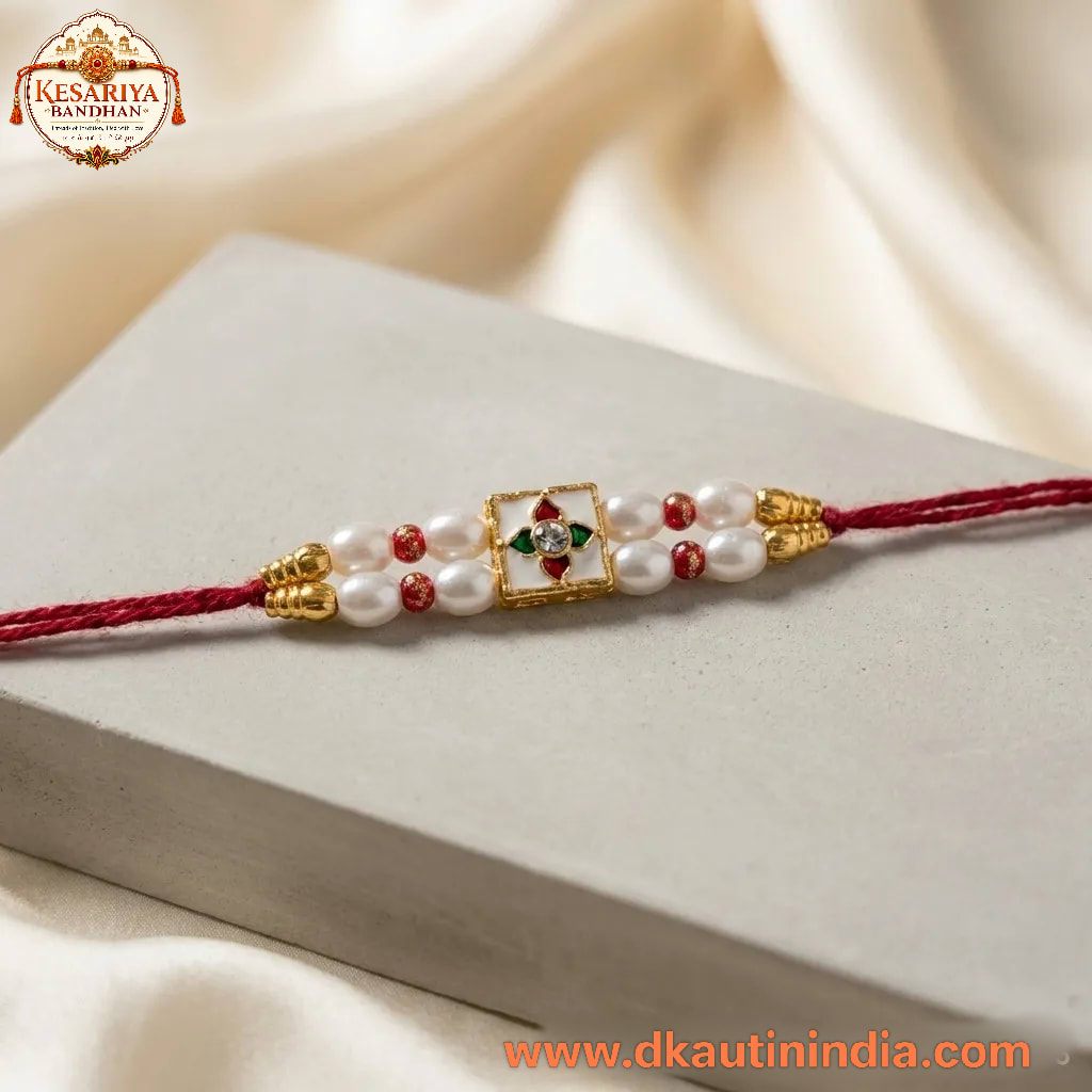 Premium Pearl Designer Rakhi for Brother | Red Thread Kundan Style Rakhi with Multicolor Centre, thumbnail 2