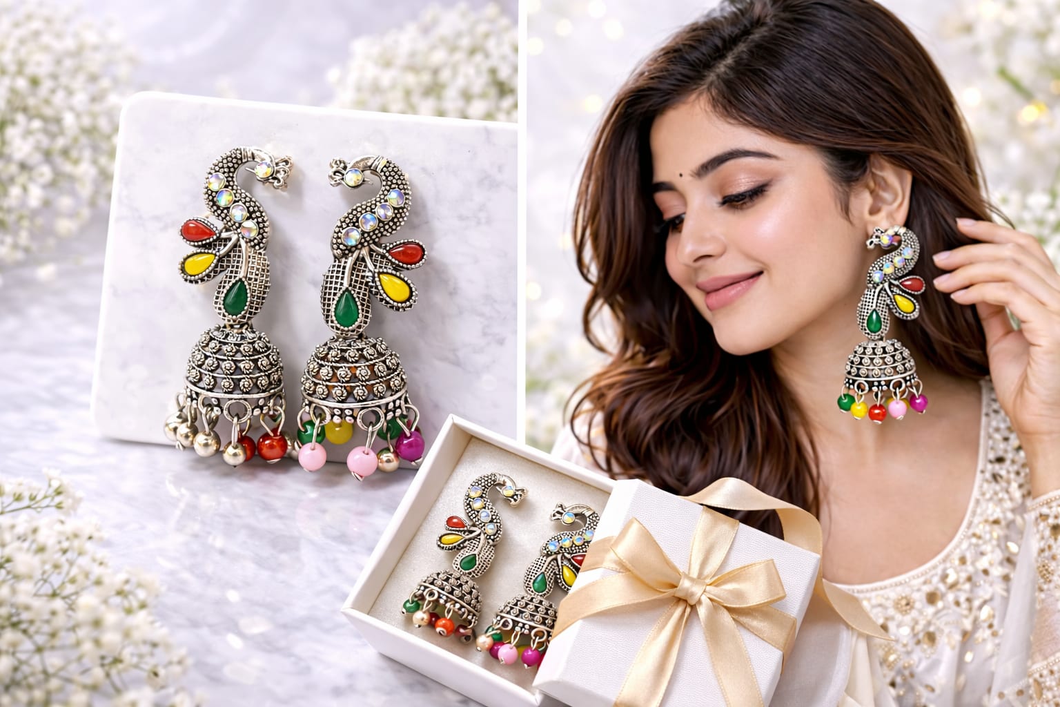 Oxidised Silver Plated Peacock Jhumka Earrings for Women | Multicolor Beaded Ethnic Dangler Earrings, thumbnail 2