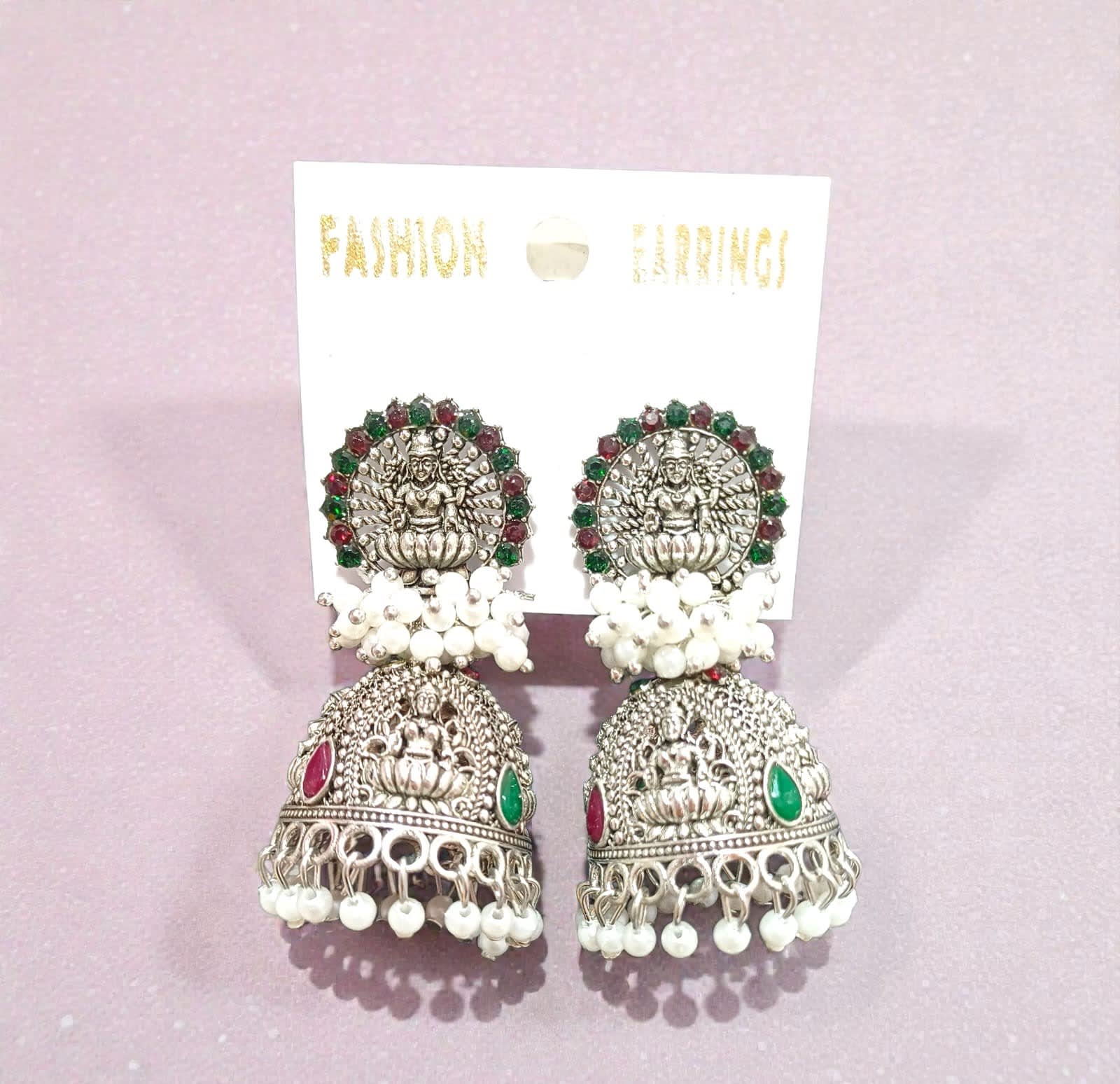 Shringarika Divine Lakshmi Ji Oxidised Silver-Tone Temple Jhumka Earrings with Pearls, thumbnail 2