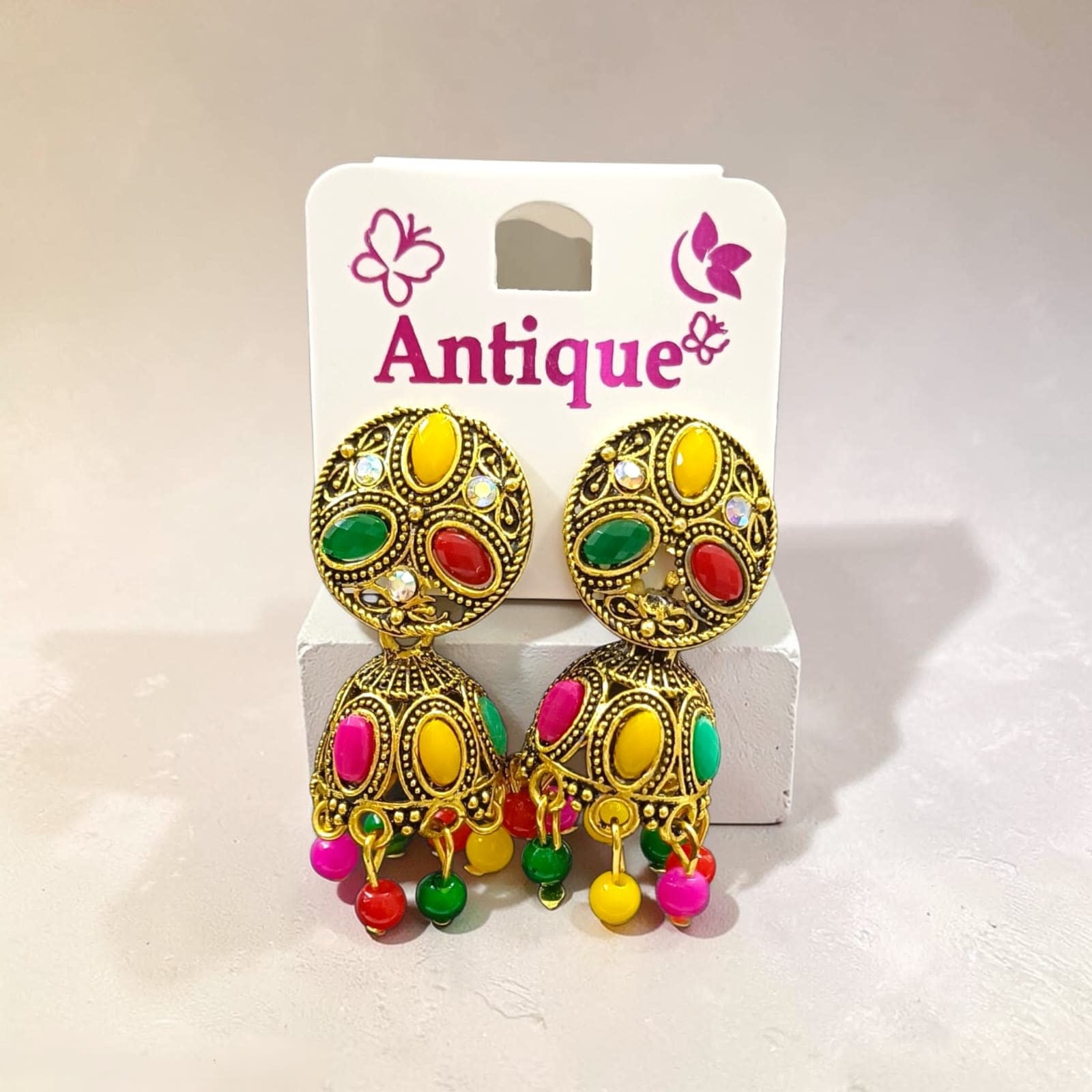Shringarika Antique Gold-Tone Navratna Multicolour Stone Jhumka Earrings for Women, thumbnail 4