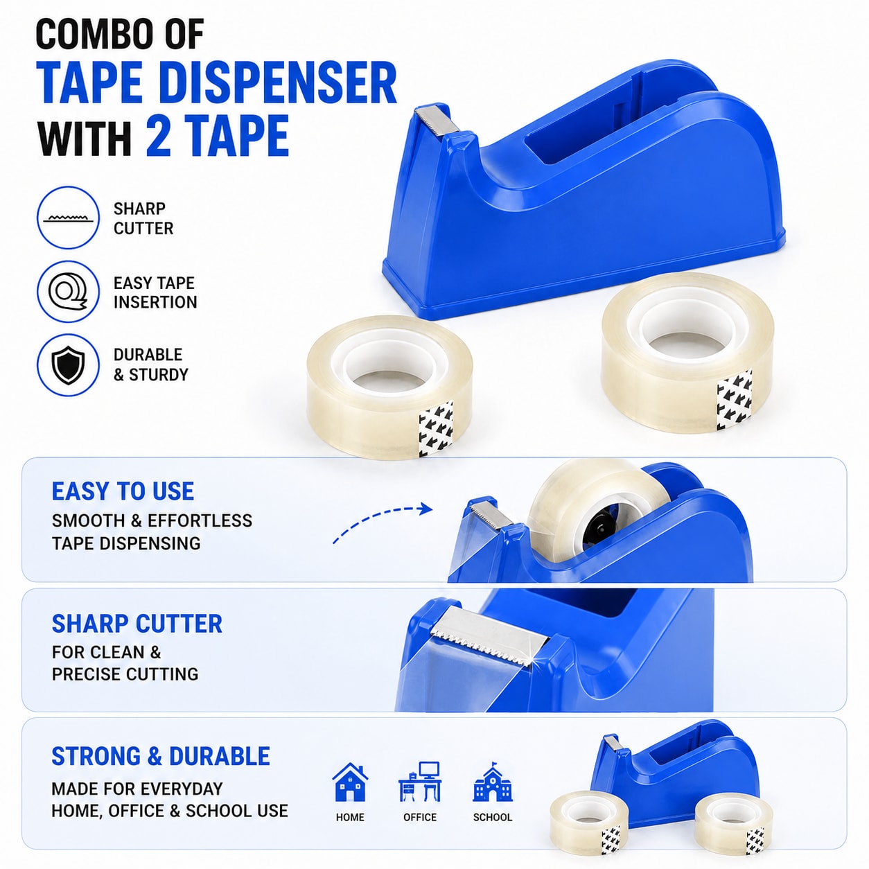 Tape Dispenser with 2 Clear Cello Tape Rolls Combo | Desktop Tape Cutter | Heavy Duty Plastic Tape Holder for Office, School & Home — wholesale price India