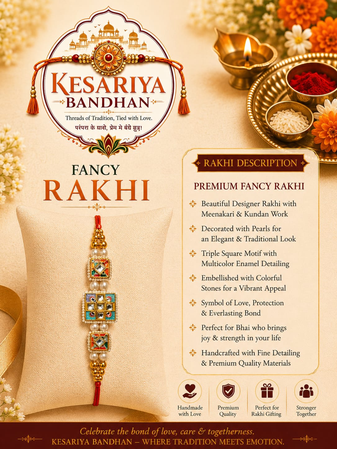 Kesariya Bandhan Premium Fancy Square Rakhi | Kundan, Meenakari & Pearl Designer Rakhi | Handcrafted Raksha Bandhan Rakhi for Brother — wholesale price India