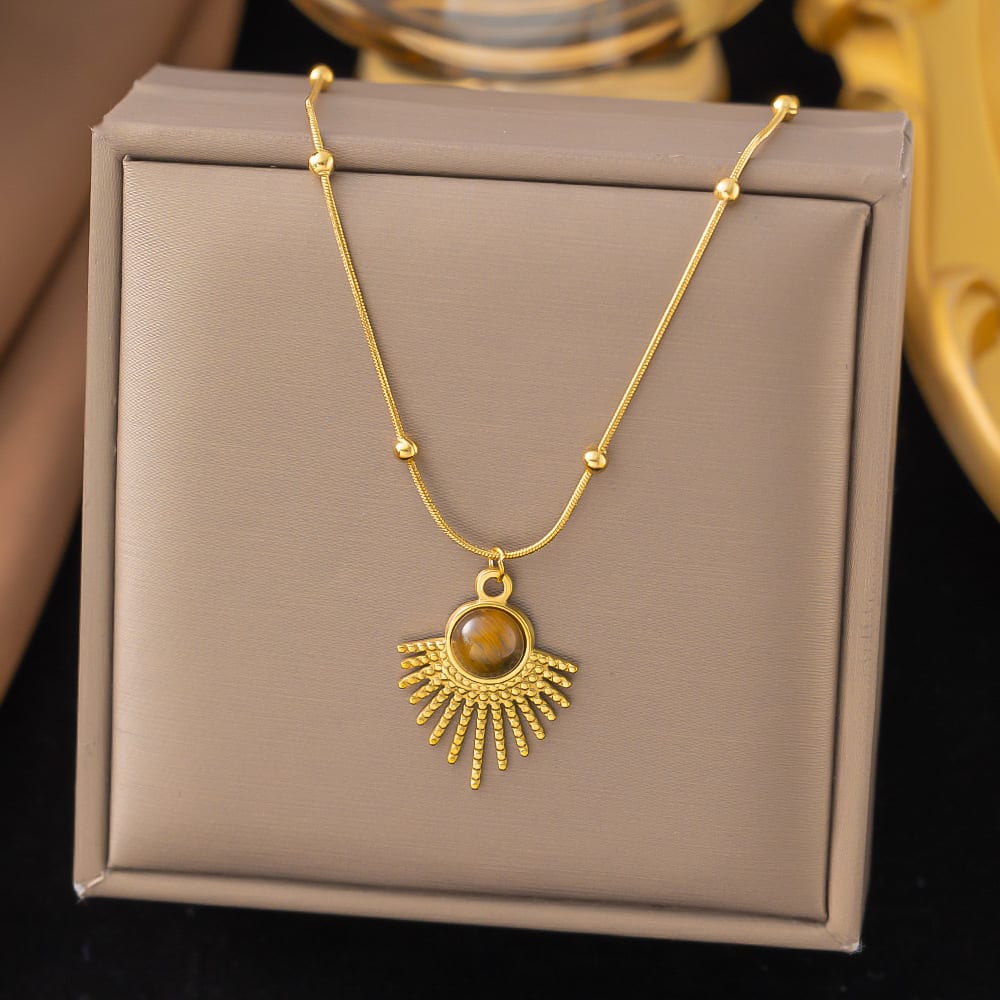 Gold Plated Sunburst Natural Stone Pendant Necklace for Women & Girls | Boho Minimalist Fashion Chain | Pack of 1 — wholesale price India