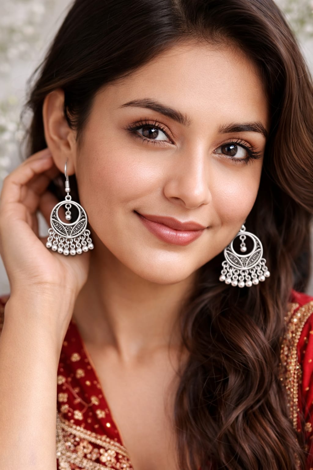 Silver Oxidised Circular Chandbali Earrings with Dangling Beads for Women & Girls, thumbnail 3