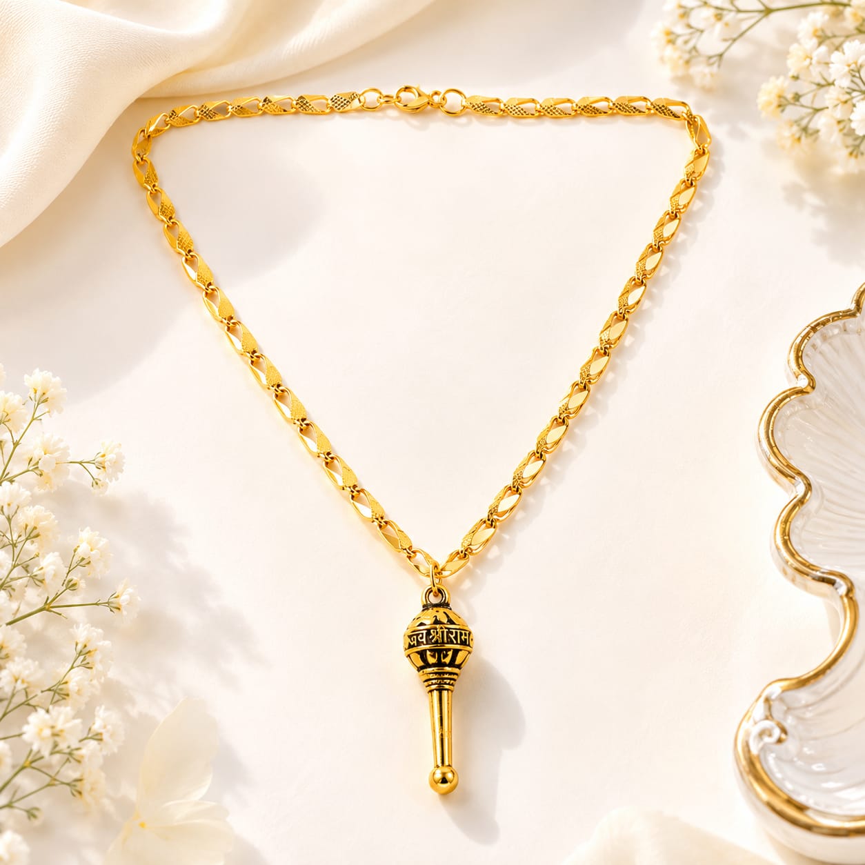 Gold Plated Om & Mahadev Damru Pendant & Chain Combo Necklace for Men & Boys | Dkautin Enterprises, thumbnail 3