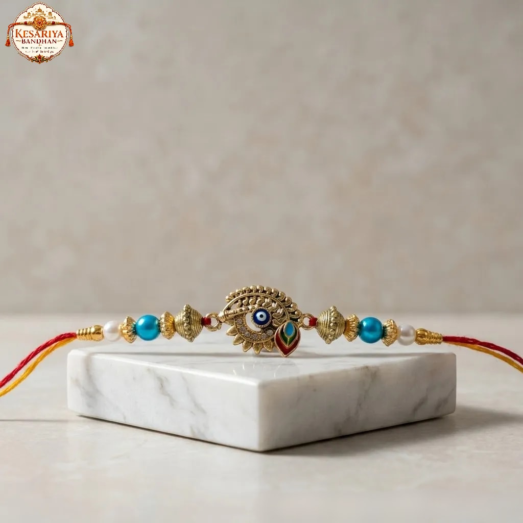 Peacock Evil Eye Rakhi with Blue Pearls | Kesariya Bandhan, thumbnail 2