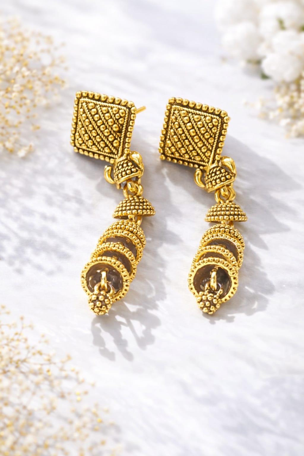 Antique Gold Plated Geometric Drop Earrings for Women | Traditional Ethnic Dangler Earrings | Lightweight Fashion Jewellery, shop online in India