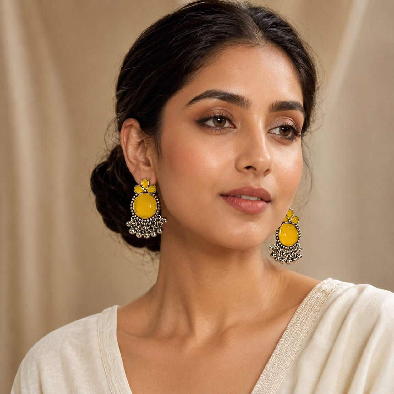 Shringarika Yellow Stone Oxidised Ghungroo Earrings for Women, thumbnail 2