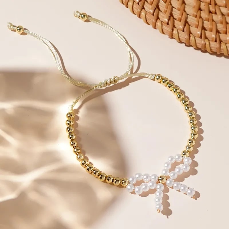 Adjustable Gold Beaded Crystal Bow Bracelet for Women & Girls | Elegant Hand Bracelet, thumbnail 4