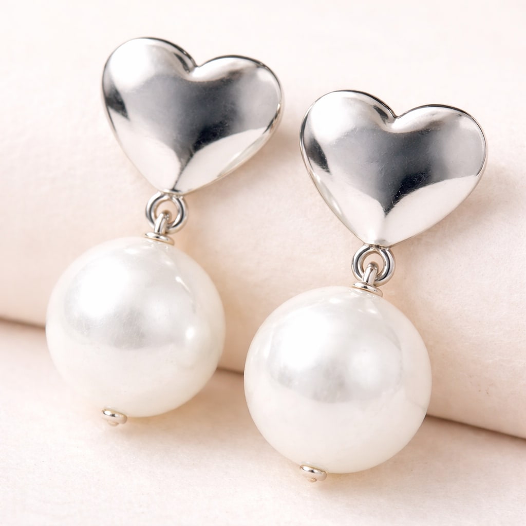 Shringarika Heart Pearl Drop Earrings for Women & Girls | Silver Finish Heart Stud with Pearl Dangle | Elegant Party Wear Fashion Jewellery — wholesale price India