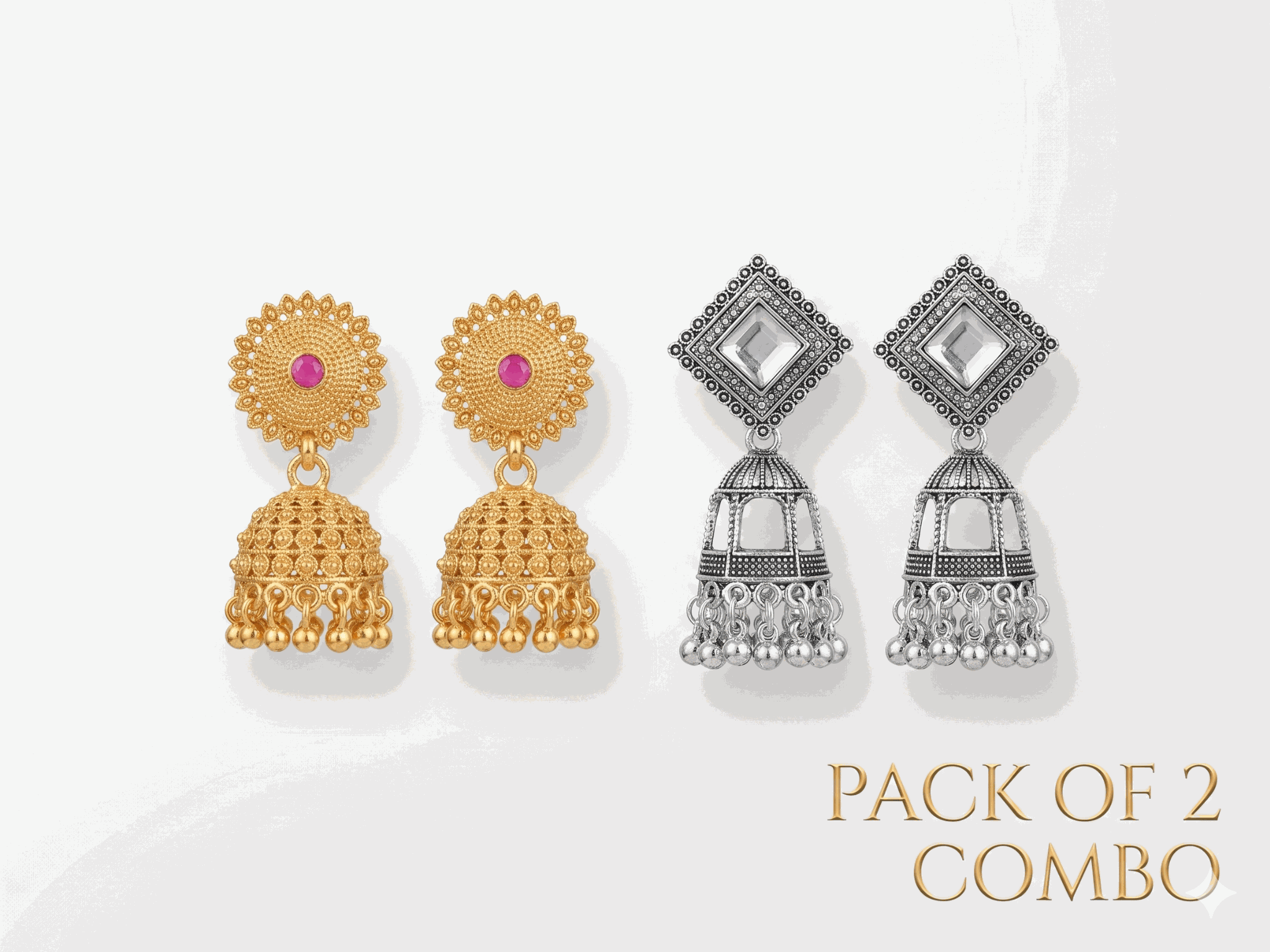 Pack of 2 Traditional Jhumka Earrings Combo for Women & Girls | Gold & Silver Oxidised Ethnic Earrings Set, shop online in India