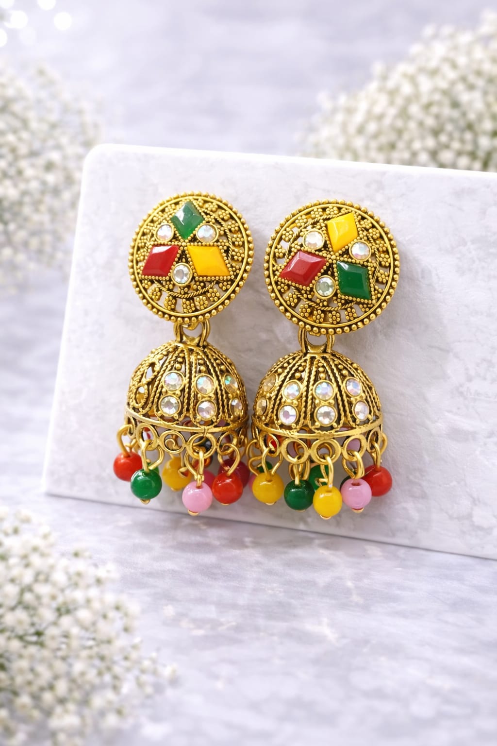 Antique Gold Plated Multicolor Jhumka Earrings for Women | Traditional Ethnic Dome Dangler Earrings with Crystal & Beads, thumbnail 2